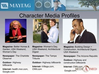 Character Media Profiles Magazine - Better Homes & Garden, USA Weekend, Woman’s Day Newspaper - The Charlotte Observer Outdoor - Highway billboards Internet-  health.msn.com, Google.com Magazine-  Woman’s Day, USA Weekend, Architectural Digest Newspaper-  The Tampa Tribune Outdoor-  Highway billboards Internet-  iVillage,com, CNN.com Magazine-  Building Design + Construction, Architectural Digest, USA Weekend Newspaper-  The Arizona Republic Outdoor-  Highway and construction billboards Internet-  CNN.com Google.com,  