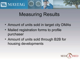 Measuring Results Amount of units sold in target city DMAs Mailed registration forms to profile purchaser Amount of units sold through B2B for housing developments 