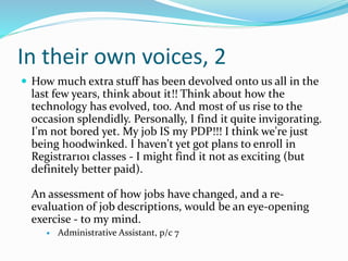 In their own voices, 2
 How much extra stuff has been devolved onto us all in the
last few years, think about it!! Think about how the
technology has evolved, too. And most of us rise to the
occasion splendidly. Personally, I find it quite invigorating.
I'm not bored yet. My job IS my PDP!!! I think we're just
being hoodwinked. I haven't yet got plans to enroll in
Registrar101 classes - I might find it not as exciting (but
definitely better paid).
An assessment of how jobs have changed, and a re-
evaluation of job descriptions, would be an eye-opening
exercise - to my mind.
 Administrative Assistant, p/c 7
 