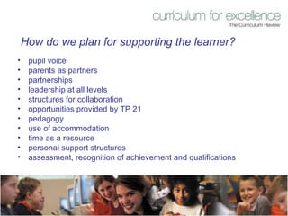 How do we plan for supporting the learner? pupil voice parents as partners partnerships leadership at all levels structures for collaboration opportunities provided by TP 21 pedagogy use of accommodation time as a resource personal support structures assessment, recognition of achievement and qualifications 