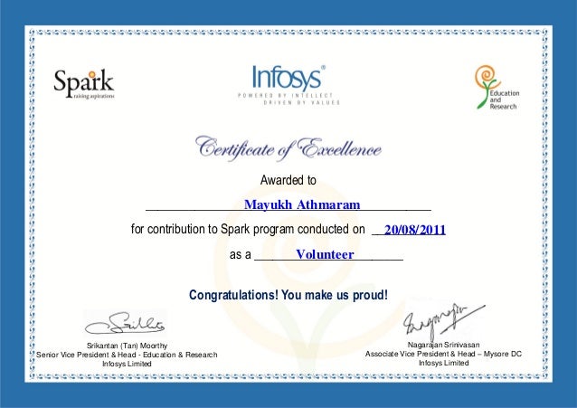 Certificate of Excellence by Infosys Certificate of Excellence by Infosys