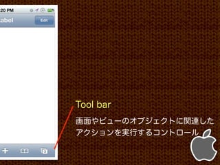Tool bar
画面やビューのオブジェクトに関連した
アクションを実行するコントロール
 
