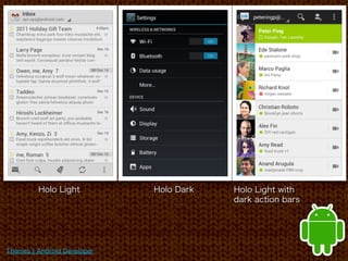 Holo Light          Holo Dark   Holo Light with
                                         dark action bars




Themes ¦ Android Developer
 