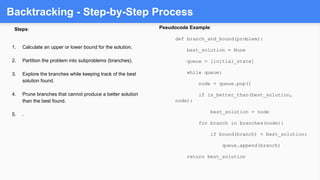 Backtracking - Step-by-Step Process
Steps:
1. Calculate an upper or lower bound for the solution.
2. Partition the problem into subproblems (branches).
3. Explore the branches while keeping track of the best
solution found.
4. Prune branches that cannot produce a better solution
than the best found.
5. .
Pseudocode Example:
def branch_and_bound(problem):
best_solution = None
queue = [initial_state]
while queue:
node = queue.pop()
if is_better_than(best_solution,
node):
best_solution = node
for branch in branches(node):
if bound(branch) < best_solution:
queue.append(branch)
return best_solution
 