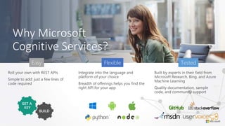 Roll your own with REST APIs
Simple to add: just a few lines of
code required
Integrate into the language and
platform of your choice
Breadth of offerings helps you find the
right API for your app
Built by experts in their field from
Microsoft Research, Bing, and Azure
Machine Learning
Quality documentation, sample
code, and community support
Easy Flexible Tested
GET A
KEY
 