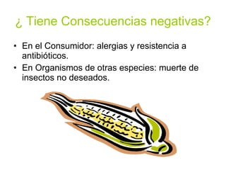 ¿ Tiene Consecuencias negativas? En el Consumidor: alergias y resistencia a antibióticos.  En Organismos de otras especies: muerte de insectos no deseados.  