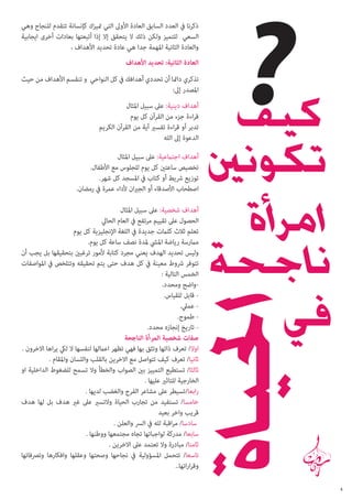 ‫ذكرنا يف العدد السابق العادة األوىل التي متيزك كإنسانة تتقدم للنجاح وهي‬
‫السعي للتميز ولكن ذلك ال يتحقق إال إذا أتبعتها بعادات أخرى ايجابية‬
‫والعادة الثانية املهمة جدا هي عادة تحديد األهداف ،‬
‫العادة الثانية: تحديد األهداف‬
‫تذكري دامئا أن تحددي أهدافك يف كل النواحي و تنقسم األهداف من حيث‬
‫املصدر إىل:‬
‫أهداف دينية: عىل سبيل املثال‬
‫قراءة جزء من القرآن كل يوم‬
‫تدبر أو قراءة تفسري آية من القرآن الكريم‬
‫الدعوة إىل الله‬
‫أهداف اجتامعية: عىل سبيل املثال‬
‫تخصيص ساعتني كل يوم للجلوس مع األطفال.‬
‫توزيع رشيط أو كتاب يف املسجد كل شهر.‬
‫اصطحاب األصدقاء أو الجريان ألداء عمرة يف رمضان.‬
‫أهداف شخصية: عىل سبيل املثال‬
‫الحصول عىل تقييم مرتفع يف العام الحايل‬
‫تعلم ثالث كلامت جديدة يف اللغة اإلنجليزية كل يوم‬
‫مامرسة رياضة امليش ملدة نصف ساعة كل يوم.‬
‫وليس تحديد الهدف يعني مجرد كتابة ألمور ترغبني بتحقيقها بل يجب أن‬
‫تتوفر رشوط معينة يف كل هدف حتى يتم تحقيقه وتتلخص يف املواصفات‬
‫الخمس التالية :‬
‫واضح ومحدد.‬‫ قابل للقياس.‬‫ عميل.‬‫ طموح.‬‫ تاريخ إنجازه محدد.‬‫صفات شخصية المرأة الناجحة‬
‫اوال/ تعرف ذاتها وتثق بها فهي تظهر اعاملها لنفسها ال ليك يراها االخرون .‬
‫ثانيا/ تعرف كيف تتواصل مع االخرين بالقلب واللسان واملقام .‬
‫ثالثا/ تستطيع التمييز بني الصواب والخطأ وال تسمح للضغوط الداخلية او‬
‫الخارجية للتاثري عليها .‬
‫رابعا/تسيطر عىل مشاعر الفرح والغضب لديها .‬
‫خامسا/ تستفيد من تجارب الحياة والتسري عىل غري هدف بل لها هدف‬
‫قريب واخر بعيد‬
‫سادسا/ مراقبة لله يف الرس والعلن .‬
‫سابعا/ مدركة لواجباتها تجاه مجتمعها ووطنها .‬
‫ثامنا/ مبادرة وال تعتمد عىل االخرين .‬
‫تاسعا/ تتحمل املسؤولية يف نجاحها وصحتها وعقلها وافكارها وترصفاتها‬
‫وقراراتها..‬
‫4‬

 