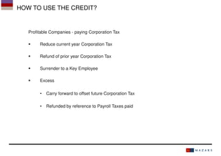 HOW TO USE THE CREDIT?

Profitable Companies - paying Corporation Tax
Reduce current year Corporation Tax
Refund of prior year Corporation Tax
Surrender to a Key Employee
Excess
•

Carry forward to offset future Corporation Tax

•

Refunded by reference to Payroll Taxes paid

 