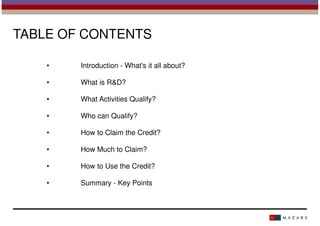 TABLE OF CONTENTS
•

Introduction - What's it all about?

•

What is R&D?

•

What Activities Qualify?

•

Who can Qualify?

•

How to Claim the Credit?

•

How Much to Claim?

•

How to Use the Credit?

•

Summary - Key Points

 