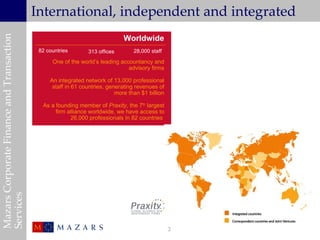 International, independent and integrated
                                                                                                      Worldwide
Mazars Corporate Finance and Transaction

                                                                              Worldwide
                                            82 countries       313 offices        28,000 staff

                                                 One of the world’s leading accountancy and
                                                                               advisory firms

                                                An integrated network of 13,000 professional
                                                 staff in 61 countries, generating revenues of
                                                                           more than $1 billion

                                             As a founding member of Praxity, the 7th largest
                                                  firm alliance worldwide, we have access to
                                                        26,000 professionals in 82 countries
Services




                                                                                                  3
 