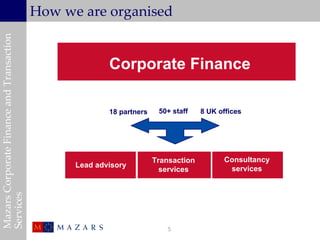 Mazars Corporate Finance and Transaction
                                           How we are organised


                                                         Corporate Finance

                                                         18 partners    50+ staff    8 UK offices




                                                                       Transaction         Consultancy
                                                 Lead advisory                              services
                                                                         services
Services




                                                                          5
 