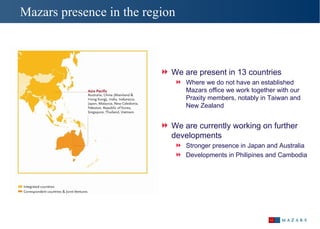 Mazars presence in the region We are present in 13 countries Where we do not have an established Mazars office we work together with our Praxity members, notably in Taiwan and New Zealand We are currently working on further developments Stronger presence in Japan and Australia Developments in Philipines and Cambodia 