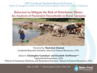 2017 Graduate Student Research Forum
Robert B. Daugherty Water for Food Global Institute at the University of Nebraska
Behaviors to Mitigate the Risk of Waterborne Illness:
An Analysis of Pastoralist Households in Rural Tanzania
Presented by: Mazbahul Ahamad
Graduate Research Assistant, School of Natural Resources, UNL
Advisors: Christopher Gustafson1 and Elizabeth VanWormer2, 3
1Agricultural Economics, UNL
2School of Veterinary Medicine and Biomedical Sciences, 3School of Natural Resources, UNL
May 11, 2017 | East Campus Union, UNL, NE
 