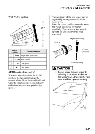 With AUTO position 
Switch 
Position 
Wiper operation 
Single wipe cycle (mist) 
Auto control 
Low speed 
High speed 
AUTO (Auto-wiper control) 
When the wiper lever is in the AUTO 
position, the rain sensor senses the 
amount of rainfall on the windshield and 
turns the wipers on or off automatically 
(off―intermittent―low speed―high 
speed). 
The sensitivity of the rain sensor can be 
adjusted by turning the switch on the 
wiper lever. 
From the center position (normal), rotate 
the switch downward for higher 
sensitivity (faster response) or rotate it 
upward for less sensitivity (slower 
response). 
Switch 
Higher sensitivity 
Center 
position 
Less sensitivity 
CAUTION 
Ø Do not shade the rain sensor by 
adhering a sticker or a label on 
the windshield. Otherwise the rain 
sensor will not operate correctly. 
Rain sensor 
Driving Your Mazda 
Switches and Controls 
5-55 
 