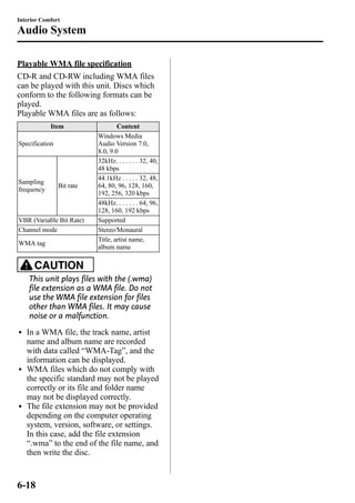 Interior Comfort 
Audio System 
Playable WMA file specification 
CD-R and CD-RWincluding WMA files 
can be played with this unit. Discs which 
conform to the following formats can be 
played. 
Playable WMA files are as follows: 
Item Content 
Specification 
Windows Media 
Audio Version 7.0, 
8.0, 9.0 
Sampling 
frequency 
Bit rate 
32kHz. . . . . . . 32, 40, 
48 kbps 
44.1kHz . . . . . 32, 48, 
64, 80, 96, 128, 160, 
192, 256, 320 kbps 
48kHz. . . . . . . 64, 96, 
128, 160, 192 kbps 
VBR (Variable Bit Rate) Supported 
Channel mode Stereo/Monaural 
WMA tag 
Title, artist name, 
album name 
CAUTION 
This unit plays files with the (.wma) 
file extension as a WMA file. Do not 
use the WMA file extension for files 
other than WMA files. It may cause 
noise or a malfunction. 
l In a WMA file, the track name, artist 
name and album name are recorded 
with data called “WMA-Tag”, and the 
information can be displayed. 
l WMA files which do not comply with 
the specific standard may not be played 
correctly or its file and folder name 
may not be displayed correctly. 
l The file extension may not be provided 
depending on the computer operating 
system, version, software, or settings. 
In this case, add the file extension 
“.wma” to the end of the file name, and 
then write the disc. 
6-18 
 