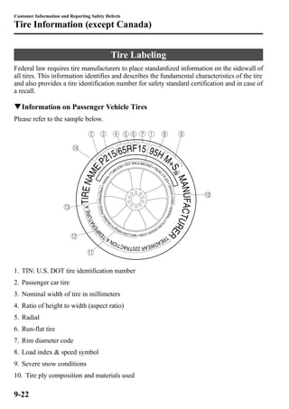 Customer Information and Reporting Safety Defects 
Tire Information (except Canada) 
Tire Labeling 
Federal law requires tire manufacturers to place standardized information on the sidewall of 
all tires. This information identifies and describes the fundamental characteristics of the tire 
and also provides a tire identification number for safety standard certification and in case of 
a recall. 
qInformation on Passenger Vehicle Tires 
Please refer to the sample below. 
1. TIN: U.S. DOT tire identification number 
2. Passenger car tire 
3. Nominal width of tire in millimeters 
4. Ratio of height to width (aspect ratio) 
5. Radial 
6. Run-flat tire 
7. Rim diameter code 
8. Load index & speed symbol 
9. Severe snow conditions 
10. Tire ply composition and materials used 
9-22 
 