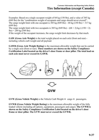 Customer Information and Reporting Safety Defects 
Tire Information (except Canada) 
Examples: Based on a single occupant weight of 68 kg (150 lbs), and a value of 385 kg 
(849 lbs) for the “combination weight of occupants and cargo should never exceed”: 
The cargo weight limit with one occupant is 385 kg (849 lbs) _ 68 kg (150 lbs) = 317 kg 
(699 lbs) 
The cargo weight limit with two occupants is 385 kg (849 lbs) _ (68 × 2) kg ( (150 × 2) 
lbs) = 249 kg (549 lbs) 
If the weight of the occupant increases, the cargo weight limit decreases by that much. 
GAW (Gross Axle Weight) is the total weight placed on each axle (front and rear) - 
including vehicle curb weight and all payload. 
GAWR (Gross Axle Weight Rating) is the maximum allowable weight that can be carried 
by a single axle (front or rear). These numbers are shown on the Safety Compliance 
Certification Label located on the driver's door frame or door pillar. The total load on 
each axle must never exceed its GAWR. 
GVW 
GVW (Gross Vehicle Weight) is the Vehicle Curb Weight cargo passengers. 
GVWR (Gross Vehicle Weight Rating) is the maximum allowable weight of the fully 
loaded vehicle (including all options, equipment, passengers and cargo). The GVWR is 
shown on the Safety Compliance Certification Label located on the driver's door 
frame or door pillar. The GVW must never exceed the GVWR. 
9-37 
 