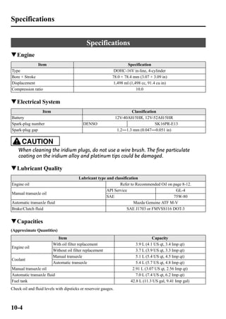 Specifications 
Specifications 
qEngine 
Item Specification 
Type DOHC-16V in-line, 4-cylinder 
Bore × Stroke 78.0 × 78.4 mm (3.07 × 3.09 in) 
Displacement 1,498 ml (1,498 cc, 91.4 cu in) 
Compression ratio 10.0 
qElectrical System 
Item Classification 
Battery 12V-40AH/5HR, 12V-52AH/5HR 
Spark-plug number DENSO SK16PR-E13 
Spark-plug gap 1.2―1.3 mm (0.047―0.051 in) 
CAUTION 
When cleaning the iridium plugs, do not use a wire brush. The fine particulate 
coating on the iridium alloy and platinum tips could be damaged. 
qLubricant Quality 
Lubricant type and classification 
Engine oil Refer to Recommended Oil on page 8-12. 
Manual transaxle oil 
API Service GL-4 
SAE 75W-80 
Automatic transaxle fluid Mazda Genuine ATF M-V 
Brake/Clutch fluid SAE J1703 or FMVSS116 DOT-3 
qCapacities 
(Approximate Quantities) 
Item Capacity 
Engine oil 
With oil filter replacement 3.9 L (4.1 US qt, 3.4 Imp qt) 
Without oil filter replacement 3.7 L (3.9 US qt, 3.3 Imp qt) 
Coolant 
Manual transaxle 5.1 L (5.4 US qt, 4.5 Imp qt) 
Automatic transaxle 5.4 L (5.7 US qt, 4.8 Imp qt) 
Manual transaxle oil 2.91 L (3.07 US qt, 2.56 Imp qt) 
Automatic transaxle fluid 7.0 L (7.4 US qt, 6.2 Imp qt) 
Fuel tank 42.8 L (11.3 US gal, 9.41 Imp gal) 
Check oil and fluid levels with dipsticks or reservoir gauges. 
10-4 
 