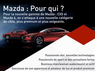 Mazda : Pour qui ?
Pour la nouvelle gamme de Mazda : CX5 et
Mazda 6, on s’attaque à une nouvelle catégorie
de cible, plus premium et plus exigeante.
Passionnés des nouvelles technologies
Passionnés de sport et des sensations fortes
Business man/woman audacious(e) et actif
Soucieuse de son apparence et amateur de lux et produit premium
 