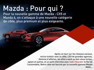 Mazda : Pour qui ?
Pour la nouvelle gamme de Mazda : CX5 et
Mazda 6, on s’attaque à une nouvelle catégorie
de cible, plus premium et plus exigeante.
Après un tour sur les réseaux sociaux,
micro-trottoir avec la cible, CEO de grandes agences,
Homme d’affaires, les afters work au bon vieux temps,
spoon et autres, et un petit interview avec Sadri Skander le Roi de
l’automobile, Notre cible est fasciné par la nouvelle gamme Mazda 
MAIS…
 