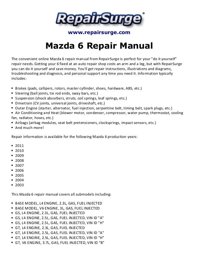 2003 Mazda 6 Owners Manual Free Download