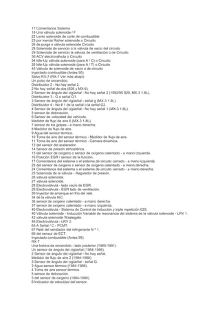 17 Comentarios Sistema
18 Una válvula solenoide / F
22 Lento solenoide de corte de combustible
23 por inercia Richer solenoide o Circuito
26 de purga o válvula solenoide Circuito
28 Solenoide de servicio o la válvula de vacío del circuito
29 Solenoide de servicio la válvula de ventilación o de Circuito
30 ACV electroválvula o Circuito
34 Idle-Up válvula solenoide (para A / C) o Circuito
35 Idle-Up válvula solenoide (para A / T) o Circuito
45 Válvula de solenoide de vacío o de circuito
Inyectado combustible (Antes 95)
Salvo RX-7 (RX-7 Ver más abajo)
Un pulso de encendido.
Distribuidor 2 - No hay señal 2.
2 No hay señal de dos (626 y MX-6).
2 Sensor de ángulo del cigüeñal - No hay señal 2 (1992/95 929, MX-3 1.8L).
Distribuidor 3 - G o señal G1.
3 Sensor de ángulo del cigüeñal - señal g (MX-3 1.8L).
Distribuidor 4 - No # 1 de la señal o la señal G2.
4 Sensor de ángulo del cigüeñal - No hay señal 1 (MX-3 1.8L).
5 sensor de detonación.
6 Sensor de velocidad del vehículo.
Medidor de flujo de aire 6 (MX-3 1.8L).
7 sensor de los golpes - a mano derecha.
8 Medidor de flujo de aire.
9 Agua del sensor térmico.
10 Toma de aire del sensor térmico - Medidor de flujo de aire.
11 Toma de aire del sensor térmico - Cámara dinámica.
12 del sensor del acelerador.
14 Sensor de presión atmosférica.
15 del sensor de oxígeno o sensor de oxígeno calentado - a mano izquierda.
16 Posición EGR / sensor de la función.
17 Comentarios del sistema o el sistema de circuito cerrado - a mano izquierda.
23 del sensor de oxígeno o sensor de oxígeno calentado - a mano derecha.
24 Comentarios del sistema o el sistema de circuito cerrado - a mano derecha.
25 Solenoide de la válvula - Regulador de presión.
26 válvula solenoide.
27 válvula solenoide.
28 Electroválvula - lado vacío de EGR.
29 Electroválvula - EGR lado de ventilación.
30 Inyector de arranque en frío del relé.
34 de la válvula IAC.
36 sensor de oxígeno calentado - a mano derecha.
37 sensor de oxígeno calentado - a mano izquierda.
40 Electroválvula - Sistema de Control de inducción y triple repetición 02S.
40 Válvula solenoide - Inducción Variable de resonancia del sistema de la válvula solenoide - LRV 1.
42 válvula solenoide Wastegate.
46 Electroválvula - LRV 2.
65 A Señal / C - PCMT.
67 Relé del ventilador del refrigerante N º 1.
69 del sensor de ECT.
Inyectado combustible (Antes 95)
RX-7
Una bobina de encendido - lado posterior (1989-1991).
Un sensor de ángulo del cigüeñal (1984-1988).
2 Sensor de ángulo del cigüeñal - No hay señal.
Medidor de flujo de aire 2 (1984-1988).
3 Sensor de ángulo del cigüeñal - señal G.
3 Agua sensor térmico (1984-1988).
4 Toma de aire sensor térmico.
5 sensor de detonación.
5 del sensor de oxígeno (1984-1988).
6 Indicador de velocidad del sensor.
 