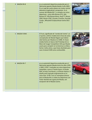4 MAZDA RX-8    es un automóvil deportivo producido por el
                fabricante japonés Mazda desde el año 2003.
                Es un cupé de cuatro plazas con motor central
                delantero longitudinal a propulsión. Es el
                sucesor del Mazda RX-7, y compite con otros
                deportivos , como Alfa Romeo GTV, Alfa
                Romeo GT, Alfa Romeo Brera, Audi TT ,Nissan
                350Z, Nissan 370Z, Chrysler Crossfire, Hyundai
                Coupe , Mitsubishi Eclipse,Nissan Sentra B15
                SE–R




5 MAZDA FURAI   El Furai, significado de "sonido del viento", es
                el quinto y último modelo de la línea de autos
                conceptuales de Mazda Nagare que habían
                sido hechos por Mazda en el 2006. El chasis
                estaba hecho en base al del Prototipo de Le
                Mans de Cougar Competition C65 que Mazda
                usaría para competir en la American Le Mans
                Series 2 años atrás; y que fuese diseñado para
                usar el etanol E100 como combustible.




6 MAZDA RX-7    es un automóvil deportivo producido por el
                fabricante japonés Mazda entre los años 1978
                y 2002. El RX-7 rivalizaba con otros deportivos
                asequibles, como el Toyota Supra, el Honda
                NSX, la linea Z de Nissan, y el Nissan Skyline. El
                diseño está inspirado originalmente en el
                Lotus Elan. El RX-7 era un reemplazo directo
                para el Mazda RX-3 y todos los deportivos con
                motor Wankel de la gama de Mazda, con
                excepción del el Mazda Cosmo.
 