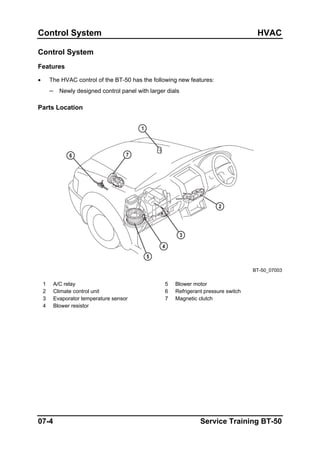Control System HVAC
Control System
Features
• The HVAC control of the BT-50 has the following new features:
– Newly designed control panel with larger dials
Parts Location
BT-50_07003
1 A/C relay 5 Blower motor
2 Climate control unit 6 Refrigerant pressure switch
3 Evaporator temperature sensor 7 Magnetic clutch
4 Blower resistor
07-4 Service Training BT-50
 