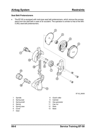Airbag System Restraints
Seat Belt Pretensioners
• The BT-50 is equipped with rack-type seat belt pretensioners, which remove the excess
slack from the seat belt in case of an accident. The operation is similar to that of the MX-
5 (NC) seat belt pretensioners.
BT-50_08006
1 Spindle 8 Clutch roller
2 Spring seat 9 Cylinder
3 Spring shaft 10 Gas generator
4 Spring 11 Cap nut
5 Spring case 12 Rack
6 Cover 13 Base
7 Gear
08-6 Service Training BT-50
 