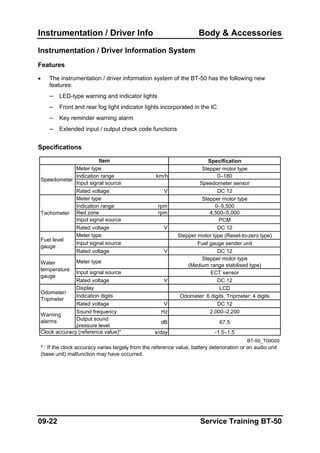 Instrumentation / Driver Info Body & Accessories
Instrumentation / Driver Information System
Features
• The instrumentation / driver information system of the BT-50 has the following new
features:
– LED-type warning and indicator lights
– Front and rear fog light indicator lights incorporated in the IC
– Key reminder warning alarm
– Extended input / output check code functions
Specifications
Specification
Stepper motor type
Indication range km/h 0–180
Speedometer sensor
Rated voltage V DC 12
Stepper motor type
Indication range rpm 0–5,500
Red zone rpm 4,500–5,000
PCM
Rated voltage V DC 12
Stepper motor type (Reset-to-zero type)
Fuel gauge sender unit
Rated voltage V DC 12
Stepper motor type
(Medium range stabilised type)
ECT sensor
Rated voltage V DC 12
LCD
Odometer: 6 digits, Tripmeter: 4 digits
Rated voltage V DC 12
Sound frequency Hz 2,000–2,200
Output sound
pressure level
dB 67.5
s/day -1.5–1.5
BT-50_T09009
Clock accuracy (reference value)*
* : If the clock accuracy varies largely from the reference value, battery deterioration or an audio unit
(base unit) malfunction may have occurred.
Warning
alarms
Water
temperature
gauge
Odometer/
Tripmeter
Meter type
Input signal source
Display
Indication digits
Item
Speedometer
Tachometer
Fuel level
gauge
Input signal source
Meter type
Meter type
Input signal source
Meter type
Input signal source
09-22 Service Training BT-50
 
