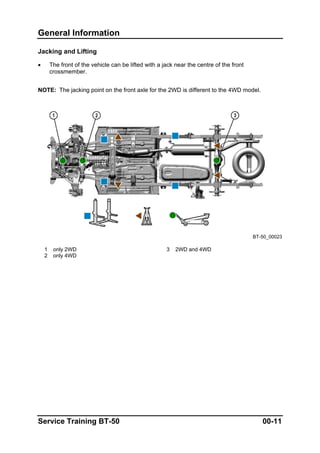 General Information
Jacking and Lifting
• The front of the vehicle can be lifted with a jack near the centre of the front
crossmember.
NOTE: The jacking point on the front axle for the 2WD is different to the 4WD model.
BT-50_00023
1 only 2WD 3 2WD and 4WD
2 only 4WD
Service Training BT-50 00-11
 