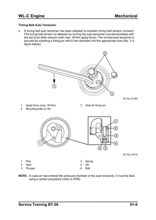WL-C Engine Mechanical
Timing Belt Auto Tensioner
• A timing belt auto tensioner has been adopted to maintain timing belt tension constant.
The timing belt tension is released by turning the auto tensioner counterclockwise with
the aid of an Allen wrench (with max. 39 Nm apply force). The turned back tensioner is
secured by inserting a fixing pin with 6 mm diameter into the appropriate bore (No. 3 in
figure below).
BT-50_01055
1 Apply force (max. 39 Nm) 3 Hole for fixing pin
2 Mounting bolts (C+B)
BT-50_01014
1 Rod 4 Spring
2 Seal 5 Oil
3 Plunger 6 Ball
NOTE: In case air has entered the pressure chamber of the auto tensioner, it must be bled
using a certain procedure (refer to W/M).
Service Training BT-50 01-9
 