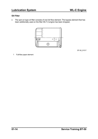 Lubrication System WL-C Engine
Oil Filter
• The spin-on type oil filter consists of one full flow element. The bypass element that has
been additionally used on the filter WLT-3 engine has been dropped.
BT-50_01017
1 Full-flow paper element
01-14 Service Training BT-50
 