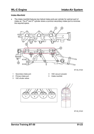 WL-C Engine Intake-Air System
Intake Manifold
• The intake manifold features two helical intake ports per cylinder for optimal swirl of
intake air. The 2nd
and 3rd
cylinder share a common secondary intake port to minimise
the required space.
BT-50_01024
1 Secondary intake port 4 VSC vacuum actuator
2 Primary intake port 5 Intake manifold
3 VSC shutter valves
BT-50_01023
Service Training BT-50 01-23
 
