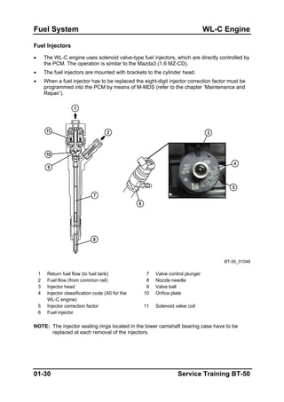 Fuel System WL-C Engine
Fuel Injectors
• The WL-C engine uses solenoid valve-type fuel injectors, which are directly controlled by
the PCM. The operation is similar to the Mazda3 (1.6 MZ-CD).
• The fuel injectors are mounted with brackets to the cylinder head.
• When a fuel injector has to be replaced the eight-digit injector correction factor must be
programmed into the PCM by means of M-MDS (refer to the chapter ‘Maintenance and
Repair’).
BT-50_01048
1 Return fuel flow (to fuel tank) 7 Valve control plunger
2 Fuel flow (from common rail) 8 Nozzle needle
3 Injector head 9 Valve ball
4 Injector classification code (A0 for the
WL-C engine)
10 Orifice plate
5 Injector correction factor 11 Solenoid valve coil
6 Fuel injector
NOTE: The injector sealing rings located in the lower camshaft bearing case have to be
replaced at each removal of the injectors.
01-30 Service Training BT-50
 