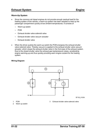 Exhaust System Engine
Warm-Up System
• Since the common-rail diesel engines do not provide enough residual heat for the
heating system of the vehicle, a warm-up system has been adopted to heat up the
passenger compartment quickly at low ambient temperatures. It consists of:
– Warm-up switch
– PCM
– Exhaust shutter valve solenoid valve
– Exhaust shutter valve vacuum actuator
– Exhaust shutter valve
• When the driver pushes the warm-up switch the PCM energizes the exhaust shutter
valve solenoid valve. Thereby vacuum is applied to the exhaust shutter valve vacuum
actuator, which closes the exhaust shutter valve in the front pipe of the exhaust system.
Due to the closed shutter valve the exhaust gas backpressure raises, accelerating
engine warming-up and thus quickly providing warm engine coolant for the heating
system.
Wiring Diagram
BT-50_01054
1 PCM 3 Exhaust shutter valve solenoid valve
2 Warm up switch
01-32 Service Training BT-50
 