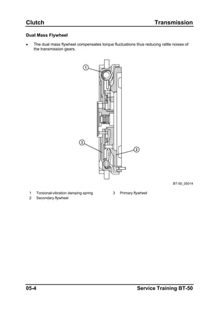 Clutch Transmission
Dual Mass Flywheel
• The dual mass flywheel compensates torque fluctuations thus reducing rattle noises of
the transmission gears.
BT-50_05014
1 Torsional-vibration damping spring 3 Primary flywheel
2 Secondary flywheel
05-4 Service Training BT-50
 
