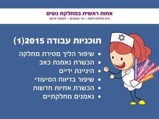 ‫נשים‬ ‫במחלקת‬ ‫ראשית‬ ‫אחות‬
2014 ‫דצמבר‬ - ‫הצופים‬ ‫הר‬ - ‫הדסה‬ ‫חולים‬ ‫בית‬
)1(2015 ‫עבודה‬ ‫תוכניות‬
• 	‫מחלקה‬ ‫מסירת‬ ‫הליך‬ ‫שיפור‬
• 	‫כאב‬ ‫נאמנת‬ ‫הכשרת‬
• 	‫ידיים‬ ‫היגיינת‬
• 	‫הסיעודי‬ ‫בדיווח‬ ‫שיפור‬
• 	‫חדשות‬ ‫אחיות‬ ‫הכשרת‬
• 	‫מחלקתיים‬ ‫נאמנים‬
‫ם‬‫י‬‫י‬‫ד‬‫ו‬‫ע‬‫י‬‫ס‬ ‫ם‬‫י‬‫ט‬‫ר‬‫ד‬‫נ‬‫ט‬‫ס‬ ‫ת‬‫ע‬
‫י‬‫ע‬‫ו‬‫צ‬‫ק‬‫מ‬
‫ע‬‫ק‬‫ר‬
‫עדים‬‫הצ‬‫ן‬‫ו‬‫ה‬‫ב‬‫ה‬‫ע‬‫ק‬‫ש‬‫ה‬
‫שונים‬‫הרא‬‫דשים‬‫החו‬
‫י‬‫ע‬‫ו‬‫צ‬‫ק‬‫מ‬ ‫ח‬‫ו‬‫ת‬‫י‬‫פ‬
‫ף‬‫ט‬‫ו‬‫ש‬
‫ל‬‫ו‬‫ה‬‫י‬‫נ‬
‫ה‬‫ק‬‫ל‬‫ח‬‫מ‬‫ה‬‫ל‬‫ו‬‫ע‬‫פ‬‫ת‬
‫ה‬‫ק‬‫ל‬‫ח‬‫מ‬‫ה‬
‫י‬‫ד‬‫ע‬‫י‬‫ת‬‫ע‬‫י‬‫ב‬‫ק‬
 