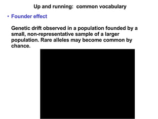 Up and running:  common vocabulary Up and running:  common vocabulary Founder effect   Genetic drift observed in a population founded by a small, non-representative sample of a larger population. Rare alleles may become common by chance.   
