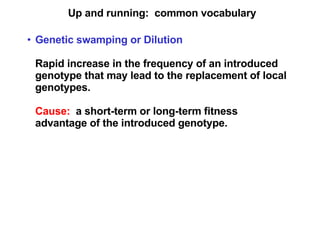 Up and running:  common vocabulary Genetic swamping or Dilution Rapid increase in the frequency of an introduced genotype that may lead to the replacement of local genotypes. Cause:   a short-term or long-term fitness advantage of the introduced genotype. 