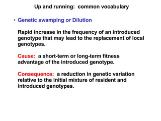 Up and running:  common vocabulary Genetic swamping or Dilution Rapid increase in the frequency of an introduced genotype that may lead to the replacement of local genotypes. Cause:   a short-term or long-term fitness advantage of the introduced genotype. Consequence:   a reduction in genetic variation relative to the initial mixture of resident and introduced genotypes.   