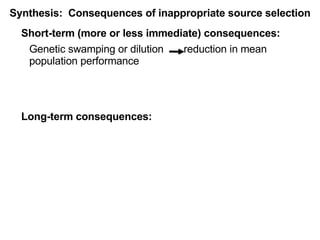 Short-term (more or less immediate) consequences: Genetic swamping or dilution  reduction in mean population performance Long-term consequences:  Synthesis:  Consequences of inappropriate source selection 