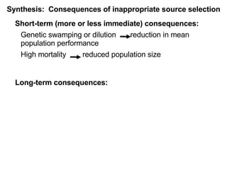 Short-term (more or less immediate) consequences: Genetic swamping or dilution  reduction in mean population performance High mortality  reduced population size Long-term consequences:  Synthesis:  Consequences of inappropriate source selection 
