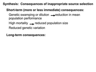 Short-term (more or less immediate) consequences: Genetic swamping or dilution  reduction in mean population performance High mortality  reduced population size Reduced genetic variation Long-term consequences:  Synthesis:  Consequences of inappropriate source selection 