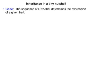 Inheritance in a tiny nutshell Gene :  The sequence of DNA that determines the expression of a given trait. 