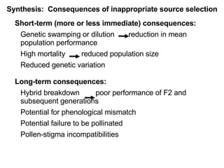 Short-term (more or less immediate) consequences: Genetic swamping or dilution  reduction in mean population performance High mortality  reduced population size Reduced genetic variation Long-term consequences:  Hybrid breakdown  poor performance of F2 and subsequent generations Potential for phenological mismatch  Potential failure to be pollinated Pollen-stigma incompatibilities Synthesis:  Consequences of inappropriate source selection 
