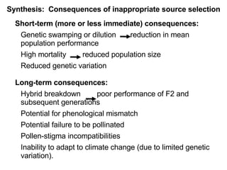 Short-term (more or less immediate) consequences: Genetic swamping or dilution  reduction in mean population performance High mortality  reduced population size Reduced genetic variation Long-term consequences:  Hybrid breakdown  poor performance of F2 and subsequent generations Potential for phenological mismatch  Potential failure to be pollinated Pollen-stigma incompatibilities Inability to adapt to climate change (due to limited genetic variation). Synthesis:  Consequences of inappropriate source selection 