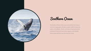 TheSouthern Ocean is theocean around Antarctica. Itwas a
new term in geography officially created in 2000. It meansthe
waters of theAtlantic, Pacific, and Indian Oceans around the
continentof Antarctica outto sixty degrees south latitude.
Some peoplecall this ocean theAntarctic Ocean.
Southern Ocean
 