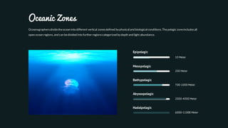 Oceanographersdividetheocean into different vertical zonesdefined by physical and biological conditions. Thepelagic zoneincludes all
open ocean regions, and can bedivided into further regionscategorized by depth and light abundance.
Oceanic Zones
200 Meter
Mesopelagic
Bathypelagic
700-1000 Meter
Abyssopelagic
2000-4000 Meter
Hadalpelagic
6000-11000 Meter
Epipelagic
10 Meter
 
