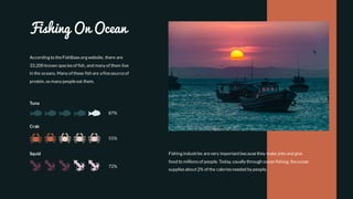 Fishing On Ocean
According to theFishBase.org website, there are
33,200 known speciesof fish, and many of them live
in the oceans. Many of these fish are a finesourceof
protein, so many peopleeat them.
Fishing industries arevery importantbecausethey make jobsand give
food to millionsof people. Today, usually through ocean fishing, theocean
suppliesabout2% of the caloriesneeded by people.
Tuna
87%
Crab
55%
Squid
72%
 